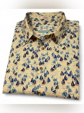 MINT VTG Reyn Spooner Regency Cotton Lawn Maize w/Blue Sailboats Shirt Size XL